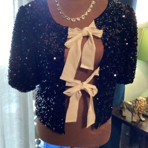 Four Hearts Black Sequin Bolero with White Bows